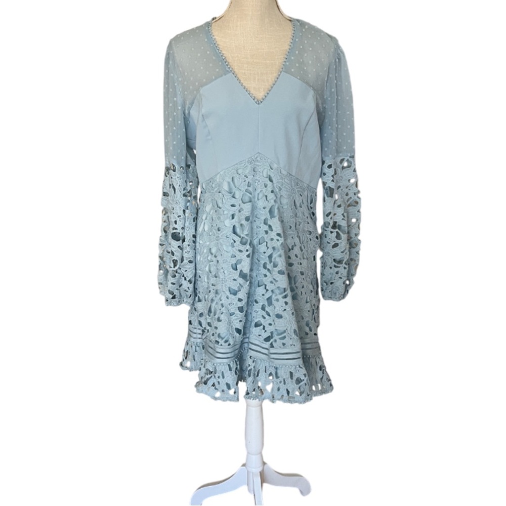 Ina Light‎ Blue Long Sleeve Lace V Neck Flowy Dress- M